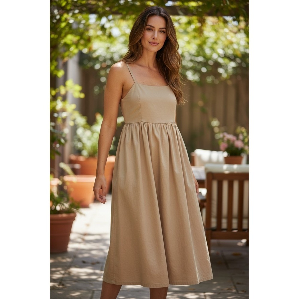 Old Navy Tan Midi Dress L Spaghetti Strap Minimal Coastal Quiet Luxury Capsule - Picture 3 of 8